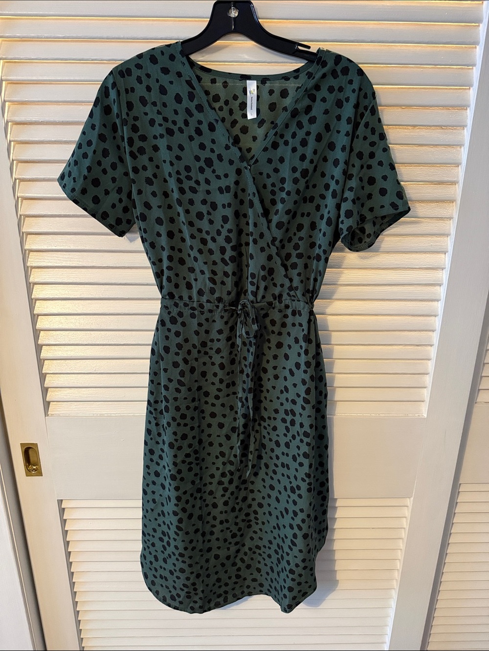 Forest Green Short Sleeve Wrap Dress with Black Spot Print